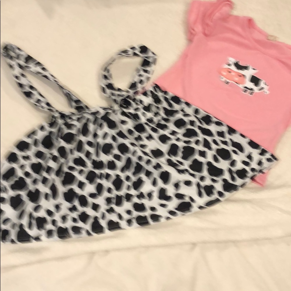 Cow overall skirt and ruffle shoulder top